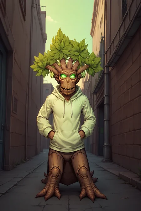 score_9, score_8_up, solo, <lora:NSTreantWoW:1> NSTreantWoW, brown skin, green eyes, glowing eyes, green hair, short hair, monster, white hoodie, hands in pockets, alleyway