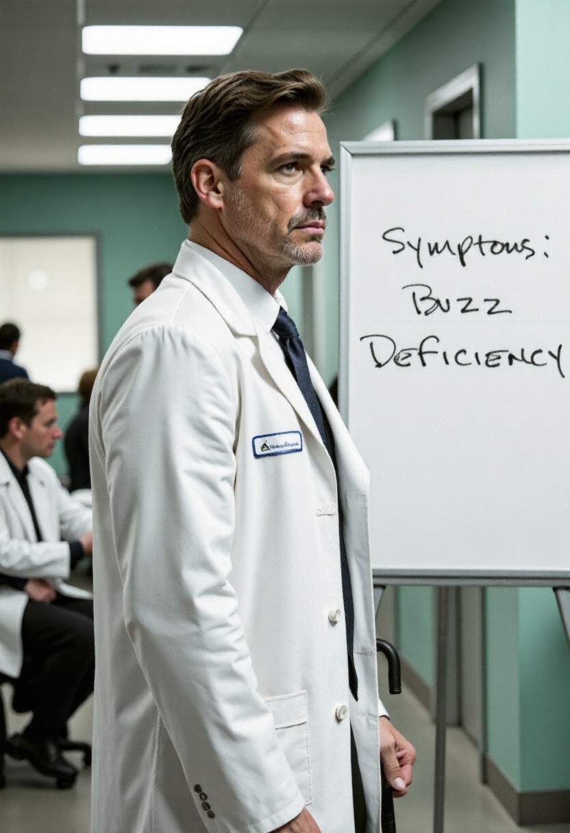 The image is a high-resolution photograph of House M.D., a white doctor with a cane. The doctor is standing next to a whiteboard that says "Symptoms: Buzz Deficiency.". The photo is taken in a hospital office. The depth of field is shallow, keeping the doctor and whiteboard in sharp focus while the background is blurred.