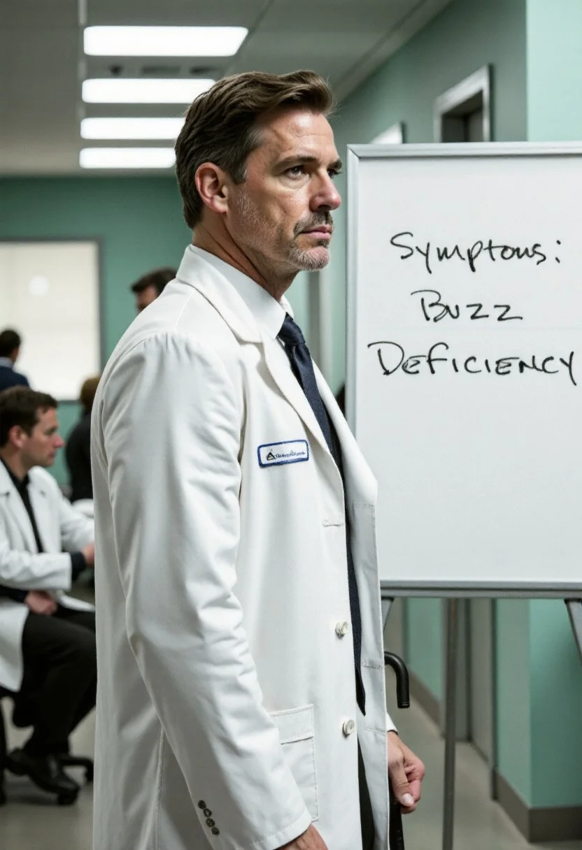 The image is a high-resolution photograph of House M.D., a white doctor with a cane. The doctor is standing next to a whiteboard that says "Symptoms: Buzz Deficiency.". The photo is taken in a hospital office. The depth of field is shallow, keeping the doctor and whiteboard in sharp focus while the background is blurred.