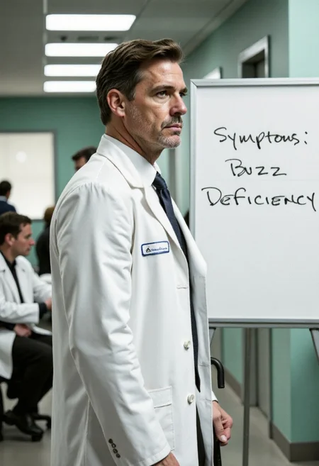 The image is a high-resolution photograph of House M.D., a white doctor with a cane. The doctor is standing next to a whiteboard that says "Symptoms: Buzz Deficiency.". The photo is taken in a hospital office. The depth of field is shallow, keeping the doctor and whiteboard in sharp focus while the background is blurred.