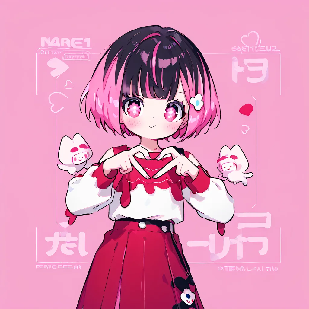 <lora:Berta_Delica:1> black hair, pink hair, multicolored hair, symbol-shaped pupils
<lora:Heart_Fingers__Concept_Lora:0.8> heart fingers, heart hands,