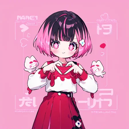 <lora:Berta_Delica:1> black hair, pink hair, multicolored hair, symbol-shaped pupils
<lora:Heart_Fingers__Concept_Lora:0.8> heart fingers, heart hands,