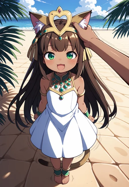 score_9, score_8_up, score_7_up, masterpiece, best quality, absurdres, vibrant, highly detailed, super cute and adorable, fluffy, from above, face focus,
BREAK
1girl, solo, (zzBastet as a toddler:1.5), kiddo zzBastet, brown hair, green eyes, tiara, flat chest, (long white dress:1.2), ankle lace-up, cat ears, (ear fluff:1.5), dark skin, jewelry, very long hair, cat tail, headpat, pov hands, happy, :D, (^^^:1.5), (wagging tail, motion lines:1.5),
BREAK
outdoors, Oasis, palm trees, sand dunes background, blue sky, birds