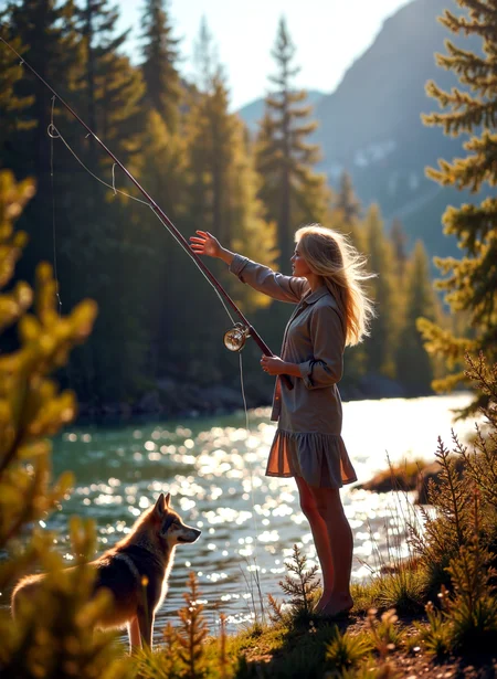 Photograph of a young woman standing on the shore of a lake with her dog. She is holding a fishing rod and appears to be casting her line into the water. The woman is wearing a gray tank top and black shorts, and her blonde hair is blowing in the wind. The dog is a gray and brown husky, and it is looking up at the woman with a curious expression. The lake is surrounded by tall trees and mountains in the background, and the sun is setting, creating a beautiful orange and pink sky. The overall mood of the image is peaceful and serene. <lora:add-detail-xl:.5> <lora:Flux-style-xl-lora:.5>