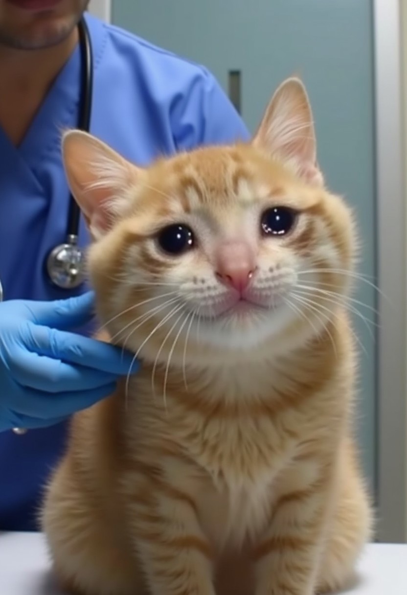 realistic photo of crying cat, in a veterinarian's office, shallow depth of field, incredibly detailed, hyperrealistic digital photo