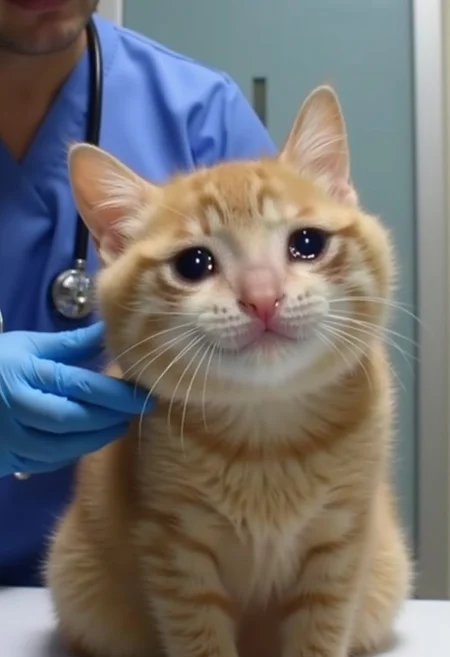 realistic photo of crying cat, in a veterinarian's office, shallow depth of field, incredibly detailed, hyperrealistic digital photo