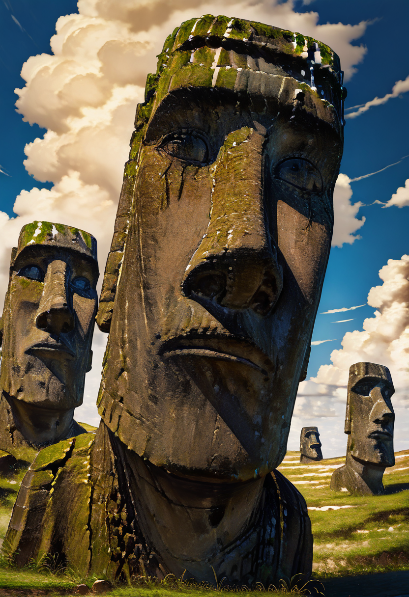 masterpiece, best quality, no humans,   zzMoai, outdoors, sky, day, cloud, blue sky, cloudy sky, grass, scenery, realistic, ruins, statue, stone  ,<lora:MoaiEasterIsland_IXL:1.0>,