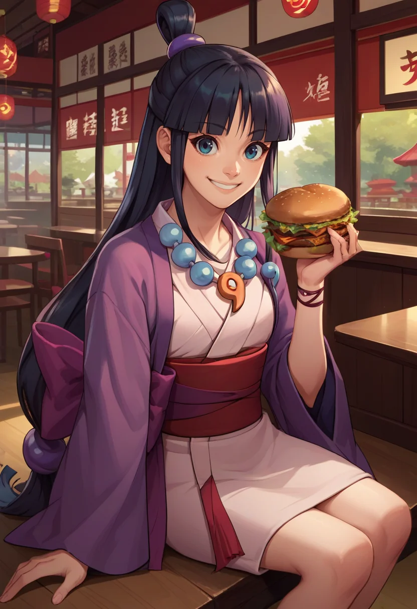 score_9, score_8_up, score_7_up, source_anime, solo, 1girl, maya fey, smile, sitting, holding food, holding hamburger, half updo, hair ornament, japanese clothes, kimono, sash, necklace, magatama, indoors, restaurant <lora:aa_mayafey_ponyXL:1>