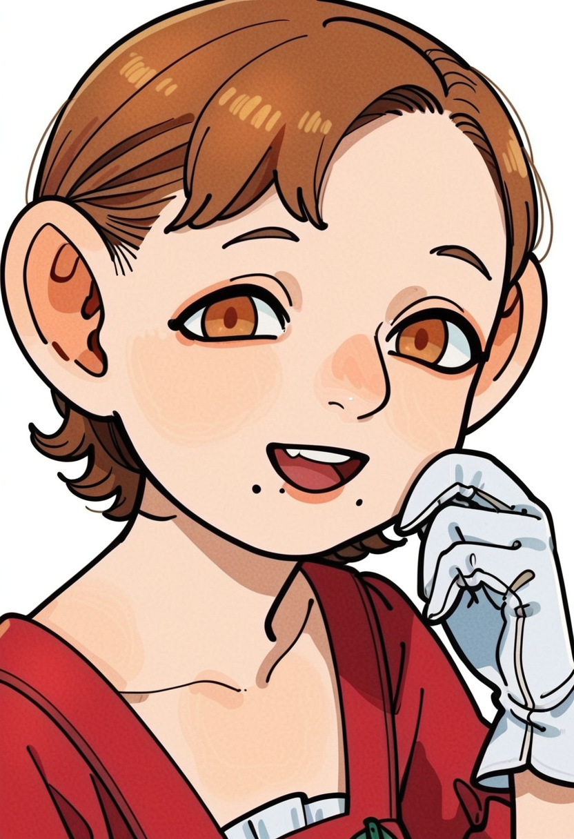 score_9_up score_8_up score_7_up, half-foot, portrait, 1girl, solo, mole, mole under mouth, brown eyes, white background, simple background, smile, open mouth, looking at viewer, upper body, short hair, brown hair, gloves, dress, collarbone, white gloves
<lora:dungeon_meshi_races_pony7_d16:1>