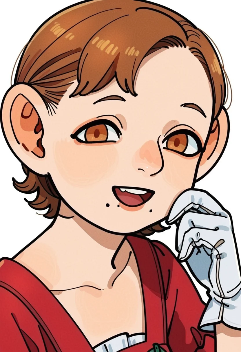score_9_up score_8_up score_7_up, half-foot, portrait, 1girl, solo, mole, mole under mouth, brown eyes, white background, simple background, smile, open mouth, looking at viewer, upper body, short hair, brown hair, gloves, dress, collarbone, white gloves
<lora:dungeon_meshi_races_pony7_d16:1>