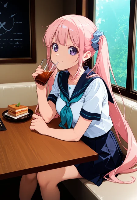 1girl,  original, inoyuka, sitting, drinking,  looking at viewer  athletic girl, medium breasts, pink hair hair, very long hair, twintails, hair scrunchie, purple eyes, smile, serafuku, school uniform, summer uniform, dark blue sailor collar, dark blue pleated skirt, aqua neckerchief, table,window,family restaurant,restaurant,indoors,couch,sitting,transparent glass ,wooden table, day, midday, cinematic angle, cinematic lighting, dot nose
(anime coloring, anime screenshot, anime screencap:1.2),  newest, year 2024,  masterpiece, best quality, amazing quality, absurdres, very aesthetic <lora:MeMax5-noob-vpred:1> <lora:Yuka_Ino:0.9>  <lora:LECO_Particles:0.65> <lora:touching_grass_v0_2:0.4> <lora:Family_Restaurant_Inside_IL:0.95>