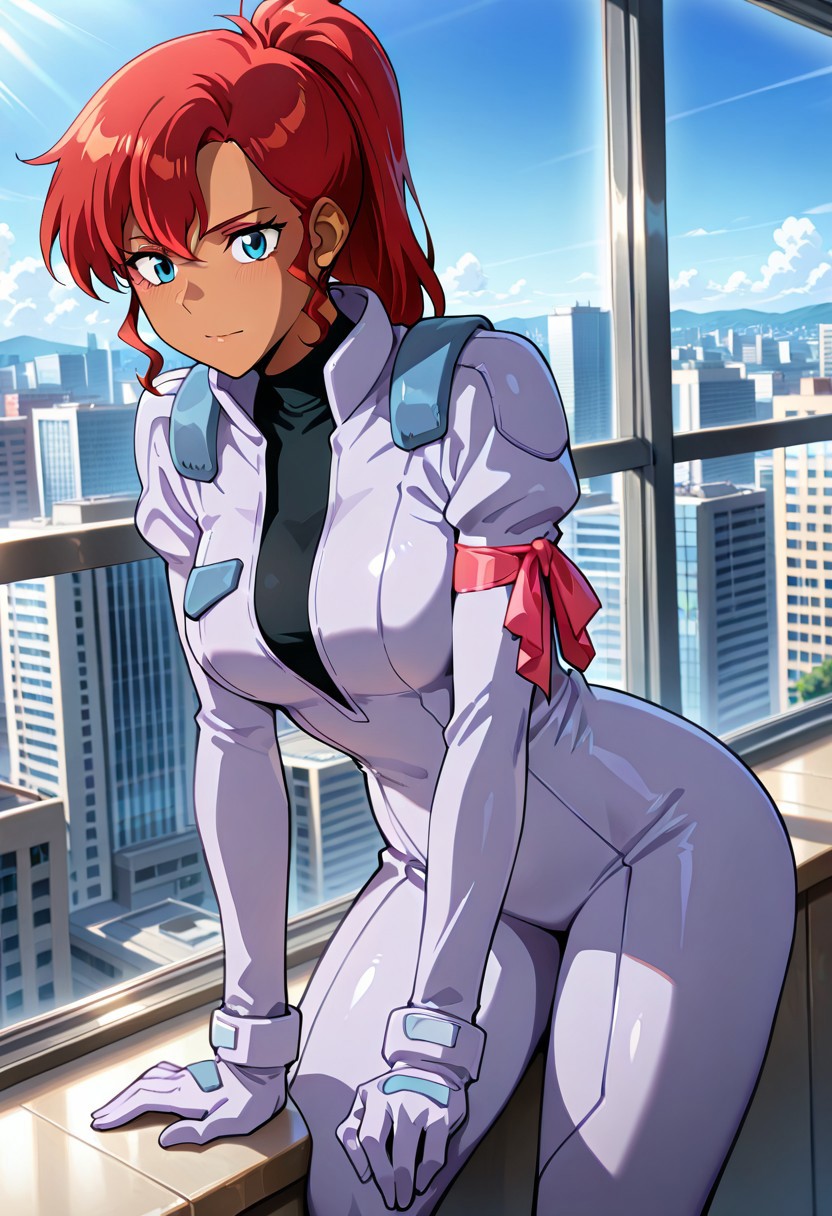 ((masterpiece, absurdres)), best quality, amazing quality, newest, 4k, anime coloring, very aesthetic, ray tracing, Smooth Quality, CG,city view,kate, 1 female, red hair, pony hairstyle, dark blue eyes, pilotsuit, gloves, turtleneck t-shirt, arm ribbon,brown skin