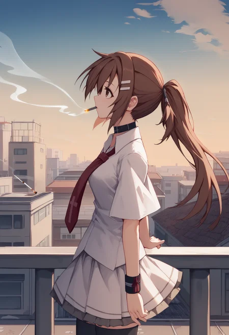 score_9, score_7_up, minakami yuki, brown hair, ponytail, brown eyes, hair ornament, hairclip, choker, white shirt, short sleeves, red necktie, wristband, white skirt, black thighhighs, smoking, from side, rooftop, sky, looking up, standing, <lora:Minakami Yuki 4:1>