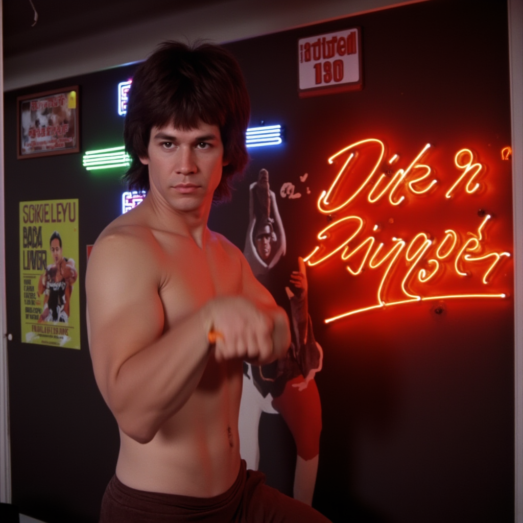 UHD, 4k, ultra detailed, cinematic, a photograph of  <lora:1970's (Boogie Nights Film style) v1:1>
In the 1970's Dirk Diggler Eddie Adams a poster of a nude martial art man with a kung fu fist pose in front of a neon sign says "Dirk Diggler",solo,black hair,1boy,navel,male focus,english text,muscular,parody,abs , dramatic light, dramatic shadow light, contrast, cinematic color, cinematic look, filmic, realistic, realism, perfection, perfect, Kodak, Kodak film, movie still, Boogie Nights style, Boogie Nights Film style, epic, beautiful lighting, inpsiring