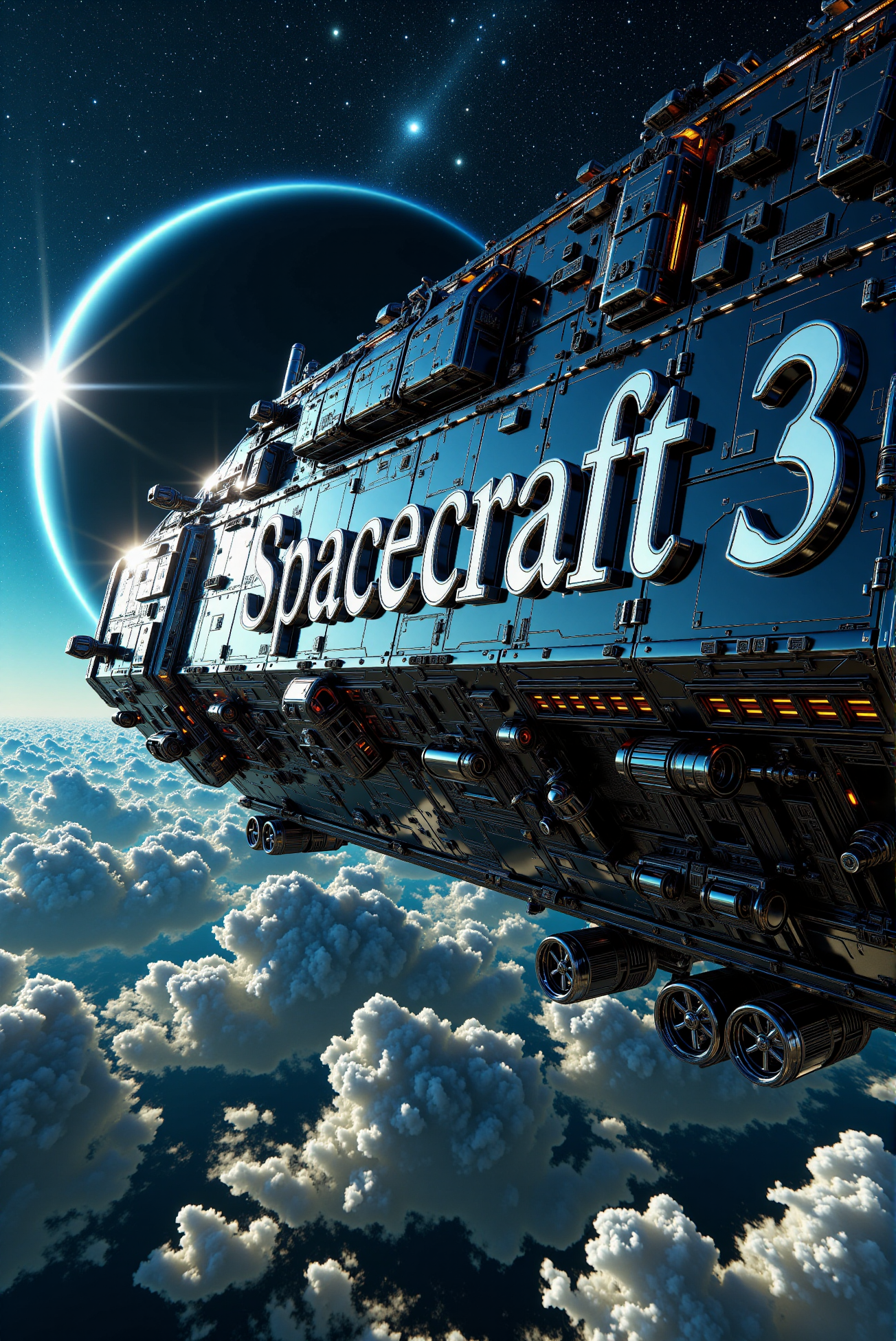 <lora:SpaceCraft_v.3:0.8>  (Close shot of the text:1.3).
(From a side view:1.3) of a colossal, gargantuan spacecraft slightly resembling dystopian armored train design, glides silently above a brooding sea of dark violet-cyan clouds under a deep indigo night sky infused with the faint bluish hues of early morning light, its vast, armored hull layered with ribbed structural plates, illuminated hull, turret bays, modular cargo sections, and faint teal thruster glows, all softened by drifting mist and heavy atmospheric haze. (On the side of the spacecraft, clearly visible,  illuminated, bold gothic letters saying: "Spacecraft 3", gothic calligraphy font, rendered in mirror-like chrome plating that captures reflections of stars, clouds, and distant nebulae with dazzling precision:1.3). Captured from a dramatic three-quarter side view, slightly elevated to reveal both the immense side panel and the sweeping underside of the ship, emphasizing the colossal presence and the hypnotic glow of the reflective calligraphy against the deep atmospheric backdrop, creating a surreal, majestic sci-fi composition.