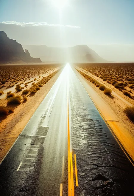 ()Hyoer Realistic:2.0)Polaroid picture of 
 image of a vast, desert interstate highway, stretching out to the horizon with multiple lanes of sleek, silver cars zipping by. The speed limit sign reads 99 MPH, and the road is flanked by towering, sandy dunes that glow golden in the sunlight.
In the center of the view, a majestic mountain rises from the desert floor, its peak shrouded in mist. At the very top, a breathtaking waterfall cascades down the rocky face, creating a misty veil that rises into the air. The contrast between the arid desert landscape and the lush, tropical oasis at the mountain's peak is striking.
Capture the sense of freedom and adventure that comes with driving down this futuristic highway, surrounded by the surreal beauty of the desert landscape.