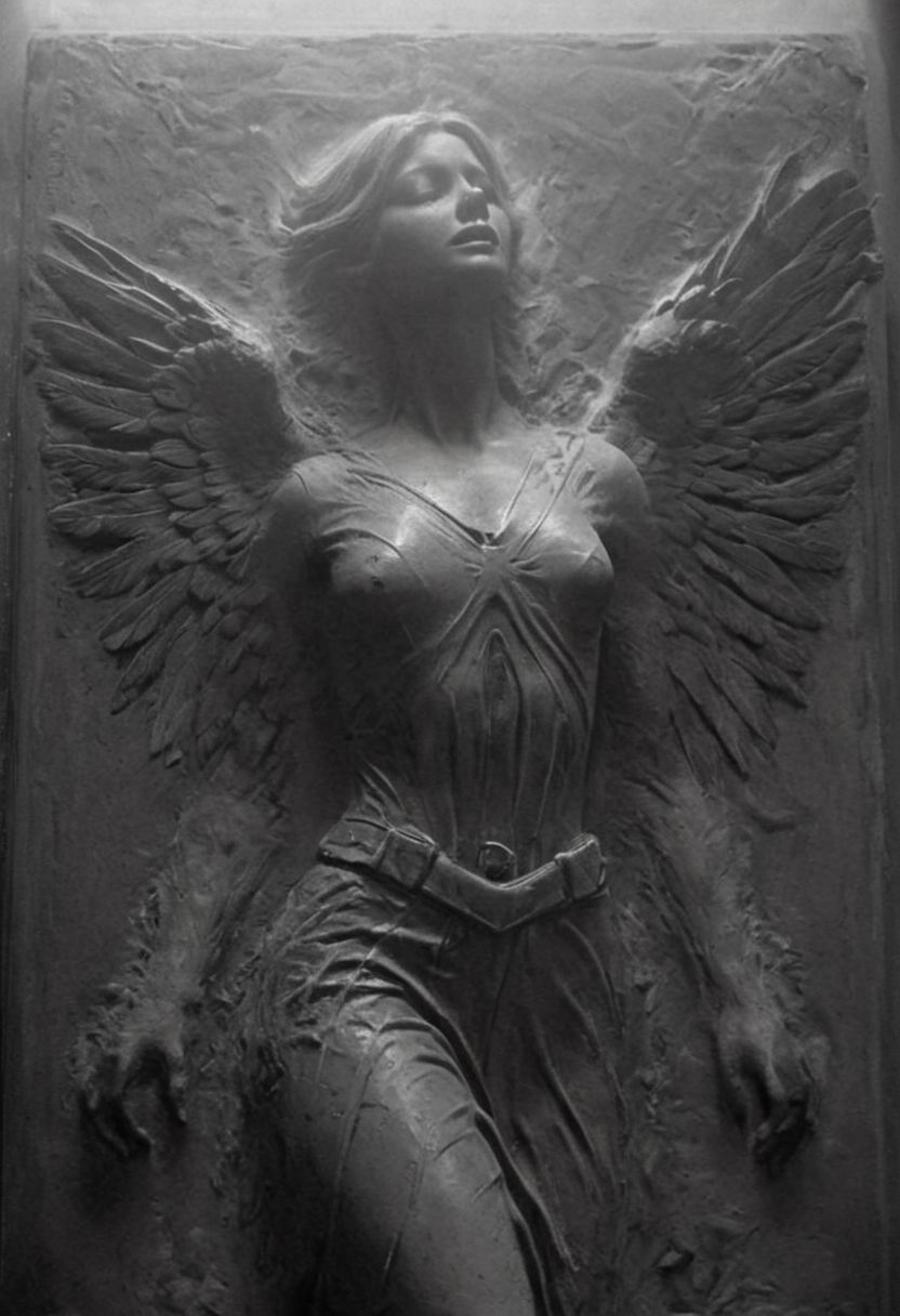 high-contrast monochrome palette, extreme closeup from sideview, floating dust particles, visible dust in light rays, vintage dusty atmosphere, cinematic quality, closeup, female angel frozen in carbonite, wings, artiangel, deep Blacks, very detailed, atmospheric haze, Film grain, cinematic film still, shallow depth of field, highly detailed, high budget, cinemascope, moody, epic