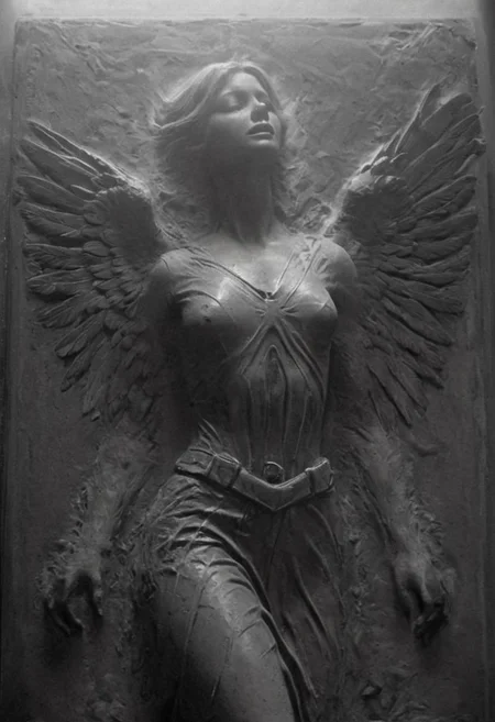 high-contrast monochrome palette, extreme closeup from sideview, floating dust particles, visible dust in light rays, vintage dusty atmosphere, cinematic quality, closeup, female angel frozen in carbonite, wings, artiangel, deep Blacks, very detailed, atmospheric haze, Film grain, cinematic film still, shallow depth of field, highly detailed, high budget, cinemascope, moody, epic