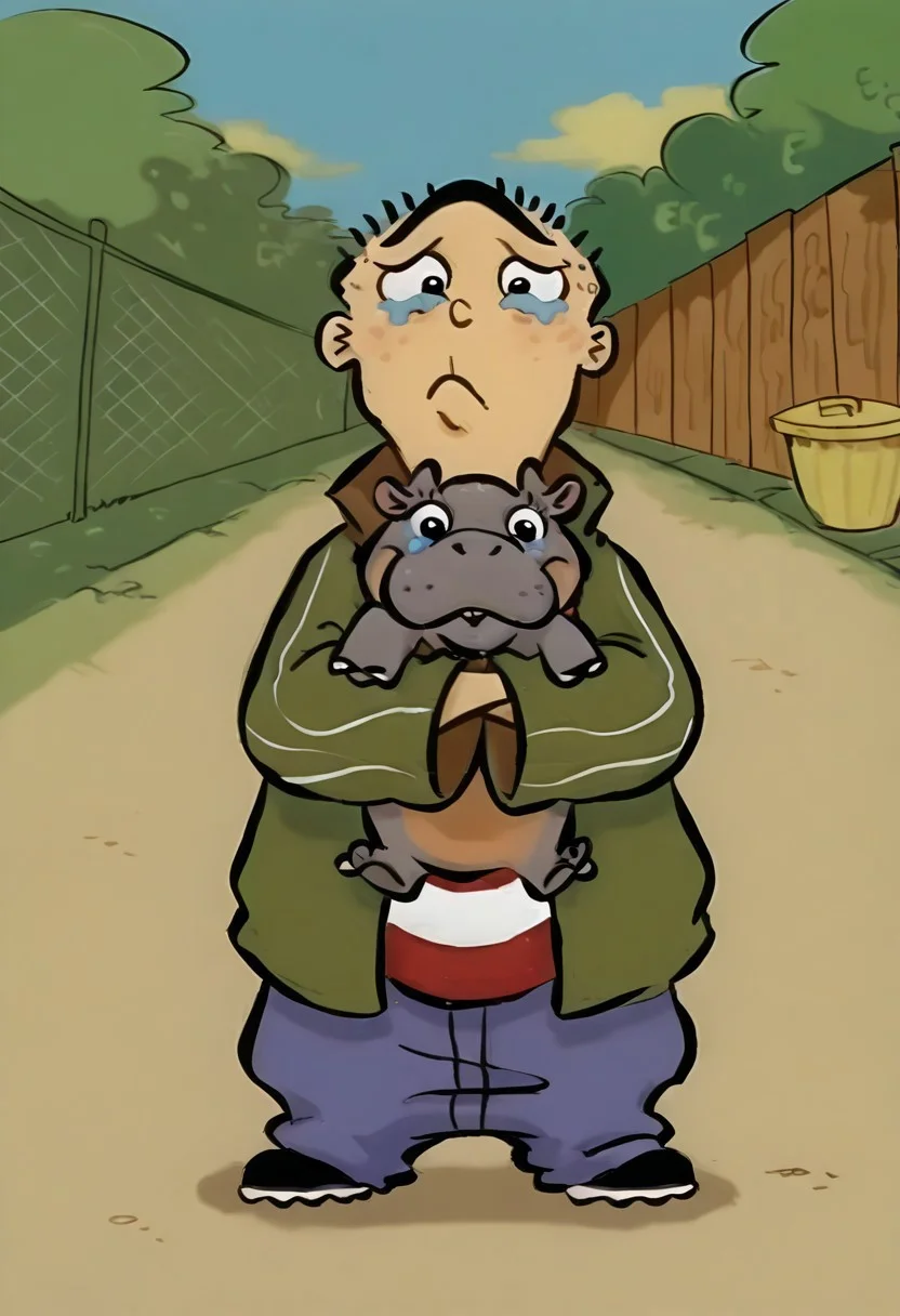solo, 1boy, (human:1.2), edboi, green jacket, red and white striped shirt, blue pants, black shoes, unibrow, white sclera, black eye color, looking at viewer, quivering lips, pouting lips, tearing up, standing, (crossed arms:1.2), BREAK, moo deng, Pygymy Hippopotamus, (round ears:1.1), (holding Pygmy Hippopotamus, hugging Pygmy Hippopotamus:1.4), long shot, outdoors, blue sky, wispy yellow clouds, (sunny:0.9), alley, fence, (trees with green leaves:1.3), (yellow garbage bins:1.1), perfect anatomy, masterpiece, perfect quality, best quality, detailed, newest, very aesthetic, absurdres