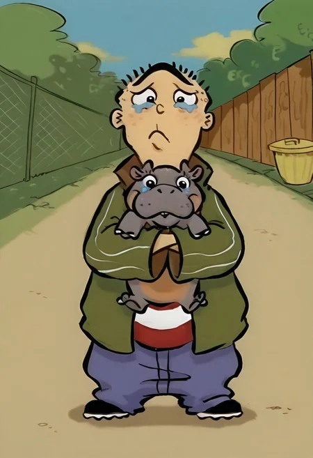 solo, 1boy, (human:1.2), edboi, green jacket, red and white striped shirt, blue pants, black shoes, unibrow, white sclera, black eye color, looking at viewer, quivering lips, pouting lips, tearing up, standing, (crossed arms:1.2), BREAK, moo deng, Pygymy Hippopotamus, (round ears:1.1), (holding Pygmy Hippopotamus, hugging Pygmy Hippopotamus:1.4), long shot, outdoors, blue sky, wispy yellow clouds, (sunny:0.9), alley, fence, (trees with green leaves:1.3), (yellow garbage bins:1.1), perfect anatomy, masterpiece, perfect quality, best quality, detailed, newest, very aesthetic, absurdres