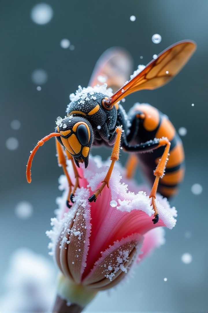 Capture a dramatic macro photograph of a giant Asian wasp perched on a frosty flower during a snowfall. The waspâs robust body is covered in a dusting of fine snowflakes and shimmering ice crystals, accentuating the rich orange and black patterns on its exoskeleton. Its powerful wings are partially frozen, catching the diffused, cool light and reflecting subtle highlights, while the textured details of its antennae and segmented legs gripping the icy flower are vividly rendered. Snowflakes are captured mid-air, some tumbling and others settled on the wasp and flower, adding a dynamic energy to the scene.
The frosty flower, with hints of its vibrant color peeking through a delicate layer of ice, provides an intricate backdrop, showcasing veins and textures illuminated by soft lighting. The background fades into blurred tones of muted whites and pale blues, evoking a calm and cold winter atmosphere. The lighting is natural and diffused, highlighting the frosty textures and creating subtle contrasts on the waspâs bold patterns. This composition emphasizes the waspâs formidable presence against the serene yet harsh beauty of a snow-covered environment, blending intricate detail with dramatic stillness.<lora:Sinfully_Stylish_.02_for_FLUX:1>âââ