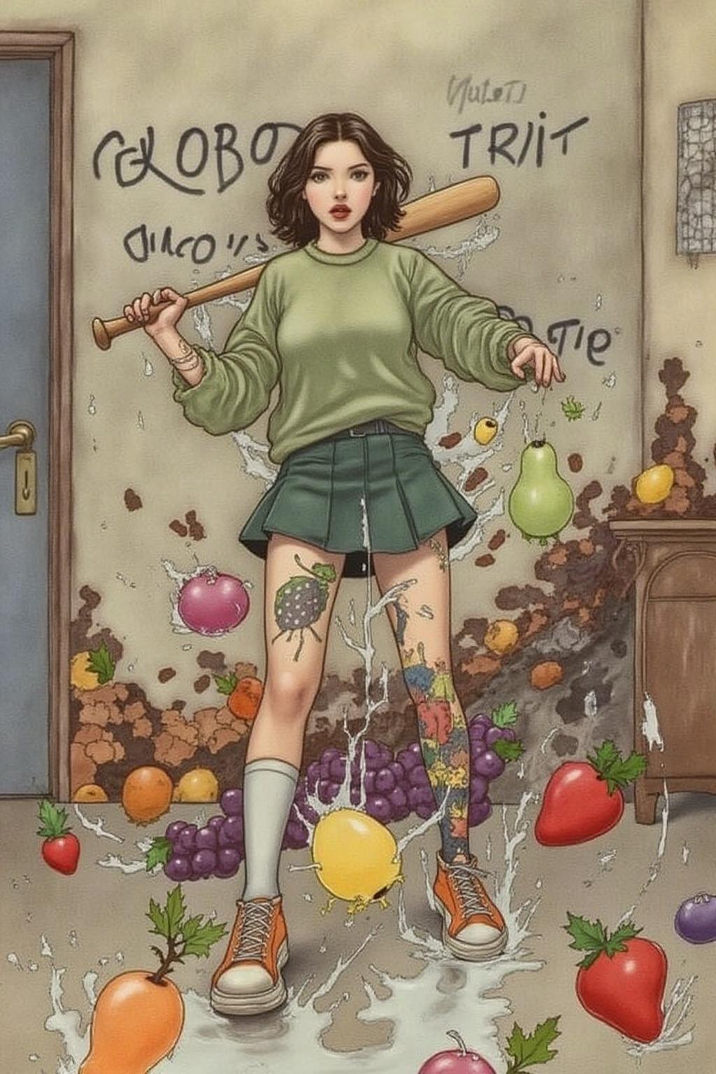 charob1 illustration.
full body, liquid splash, cartoonish juicy fruits chaos, dynamic pose, dynamic camera, a fashion shoot, an illustration of a young woman threateningly holding a baseball bat in her hands, full body tattoo, wearing green short sweater, miniskirt, knee socks, orange sneakers, aggressive facial expression, wall with graffiti in the background, 
  <lora:charob1_cap_d6a3e11:1.0><lora:824703041887526648:0>