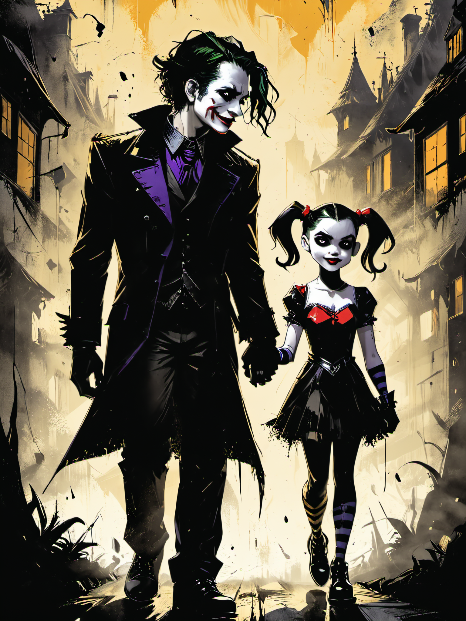 bold artwork,creative use of shadows and textures to create an image using negative space,masterful use of limited colors to create an image of bold contrasts,inventive and whimsical use of camera angles to give new perspective to illustration,"the joker and harley quinn holding hands",1boy,1girl,<lora:Dark_Novel:0.8>,, glow effects, godrays, Hand drawn, render, 8k, octane render, cinema 4d, blender, dark, atmospheric 8k ultra detailed, cinematic, Sharp focus, big depth of field, Masterpiece, 3d octane render, 8k, concept art, trending on artstation, hyperrealistic, extremely detailed CG unity 8k wallpaper, trending on CGSociety, Intricate, High Detail, dramatic