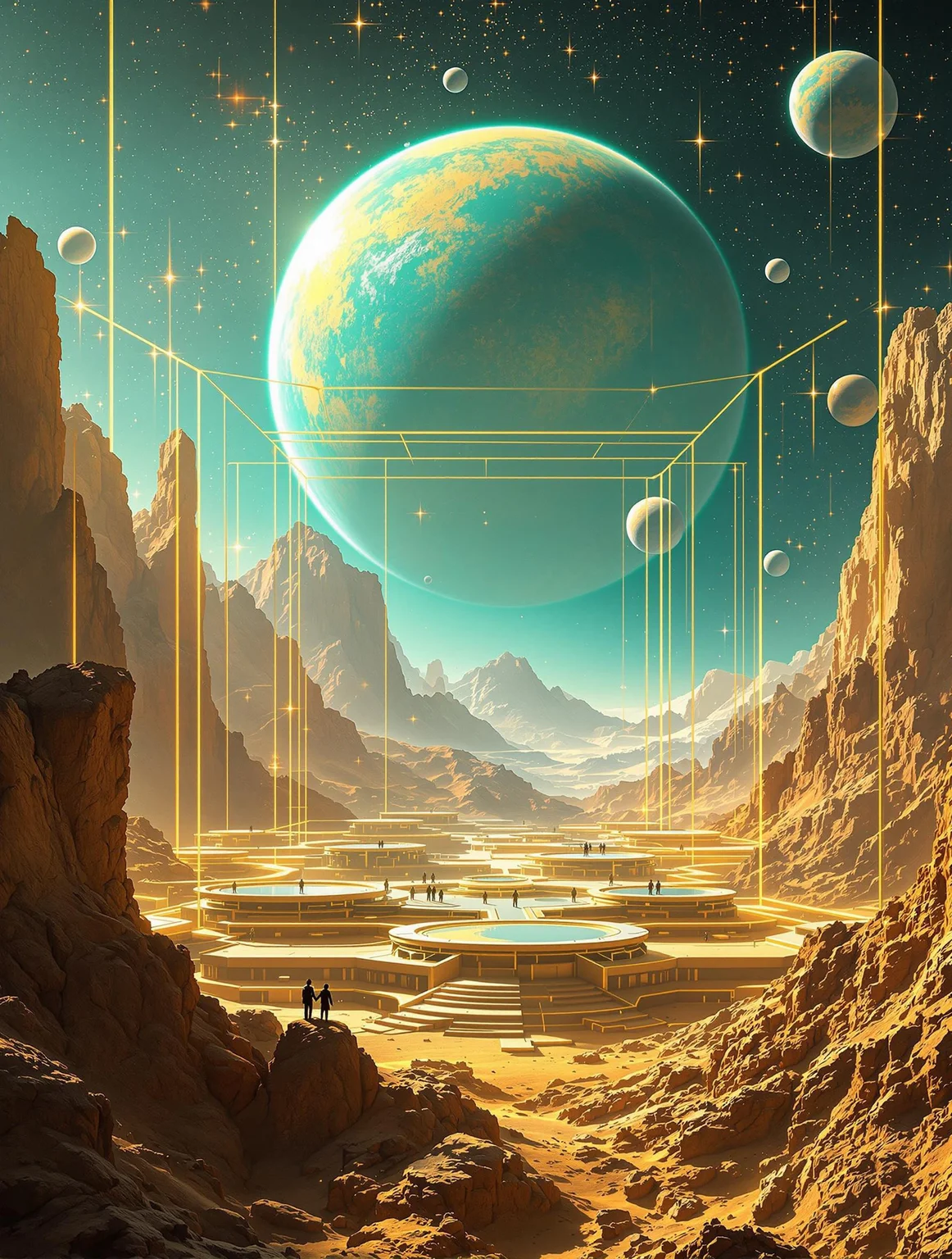 An awe-inspiring digital visual of an alien planet, where golden-brown mountain ranges sprawl across the horizon under a glowing sky. In the foreground stands an elaborate geometric structure made of luminous golden lines forming a cube-like space filled with floating terraces; small figures populate these platforms, emphasizing the grandeur of their surroundings. The sky is alive with celestial wonders—a massive turquoise and gold planet dominates the scene, surrounded by rocky moons and ethereal orbs that shimmer amidst stars in fiery oranges and icy blues. Golden geometric lines frame the entire composition, creating a layered perspective that draws the viewer into this surreal world. The interplay of warm sunlight on the terrain and cool turquoise hues in the sky creates an otherworldly ambiance that feels both structured and infinite. A striking fusion of cosmic mystery and architectural artistry, surreal sci-fi art, cosmic geometry, otherworldly landscapes.