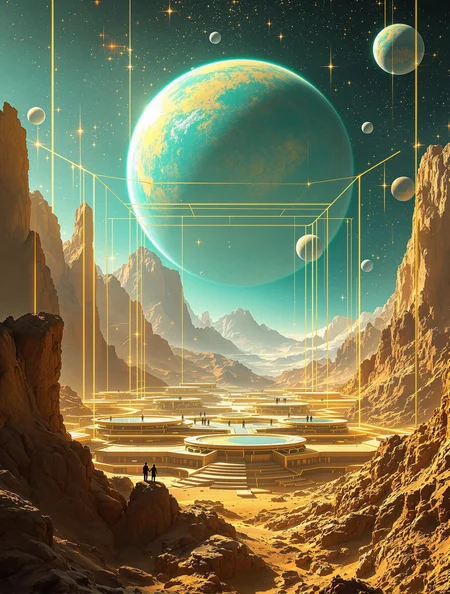 An awe-inspiring digital visual of an alien planet, where golden-brown mountain ranges sprawl across the horizon under a glowing sky. In the foreground stands an elaborate geometric structure made of luminous golden lines forming a cube-like space filled with floating terraces; small figures populate these platforms, emphasizing the grandeur of their surroundings. The sky is alive with celestial wonders—a massive turquoise and gold planet dominates the scene, surrounded by rocky moons and ethereal orbs that shimmer amidst stars in fiery oranges and icy blues. Golden geometric lines frame the entire composition, creating a layered perspective that draws the viewer into this surreal world. The interplay of warm sunlight on the terrain and cool turquoise hues in the sky creates an otherworldly ambiance that feels both structured and infinite. A striking fusion of cosmic mystery and architectural artistry, surreal sci-fi art, cosmic geometry, otherworldly landscapes.