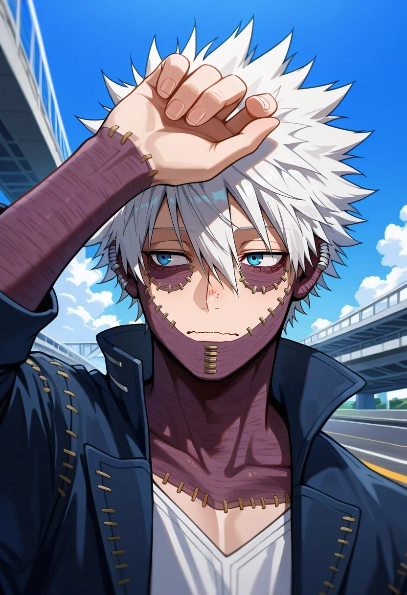 masterpiece, best quality, , , , 1boy, solo, male focus, <lora:dabi_bnha_ilxl:0.94>, dabi_bnha, white hair, blue eyes, short hair, spiked hair, hair between eyes, messy hair, bangs, scar, burn scar, scar on face, piercing, ear piercing, stitches, , asymmetrical, highway, noon, arm up, wavy mouth, closed mouth, day of the dead costume