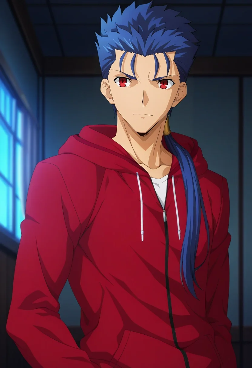 masterpiece, best quality, , anime screencap, , official style, , 1boy, solo, male focus, <lora:lancer_fsn_ilxl:0.94>, lancer_fsn, fate/stay night, blue hair, red eyes, long hair, ponytail, spiked hair, , , , hoodie,