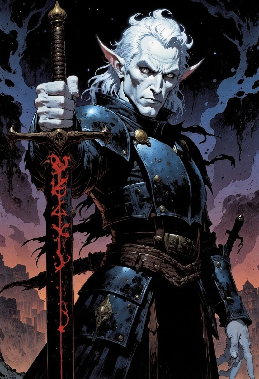 a comic book style of a male white haired albino elf king in black plate armor holding a black longsword with "स्टोर्मबृंगेर" in glowing red runes on the blade, ((high fantasy space background))