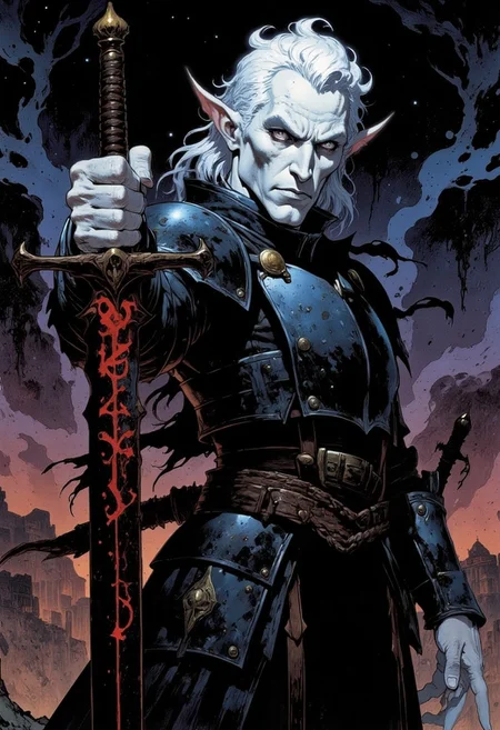 a comic book style of a male white haired albino elf king in black plate armor holding a black longsword with "स्टोर्मबृंगेर" in glowing red runes on the blade, ((high fantasy space background))