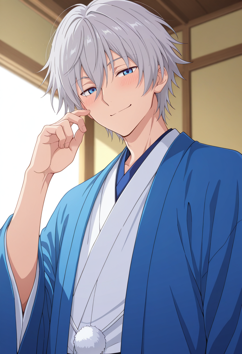 masterpiece, best quality, amazing quality,high resolution, intricate details,official style,anime screencap , , , 1boy, solo, male focus, <lora:Fujiwara:0.70>,fujiwara,gray hair,short hair,blue eyes,looking at viewer,haori,smile,blush,hand up,from below