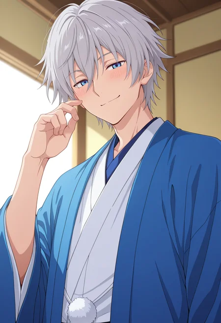 masterpiece, best quality, amazing quality,high resolution, intricate details,official style,anime screencap , , , 1boy, solo, male focus, <lora:Fujiwara:0.70>,fujiwara,gray hair,short hair,blue eyes,looking at viewer,haori,smile,blush,hand up,from below