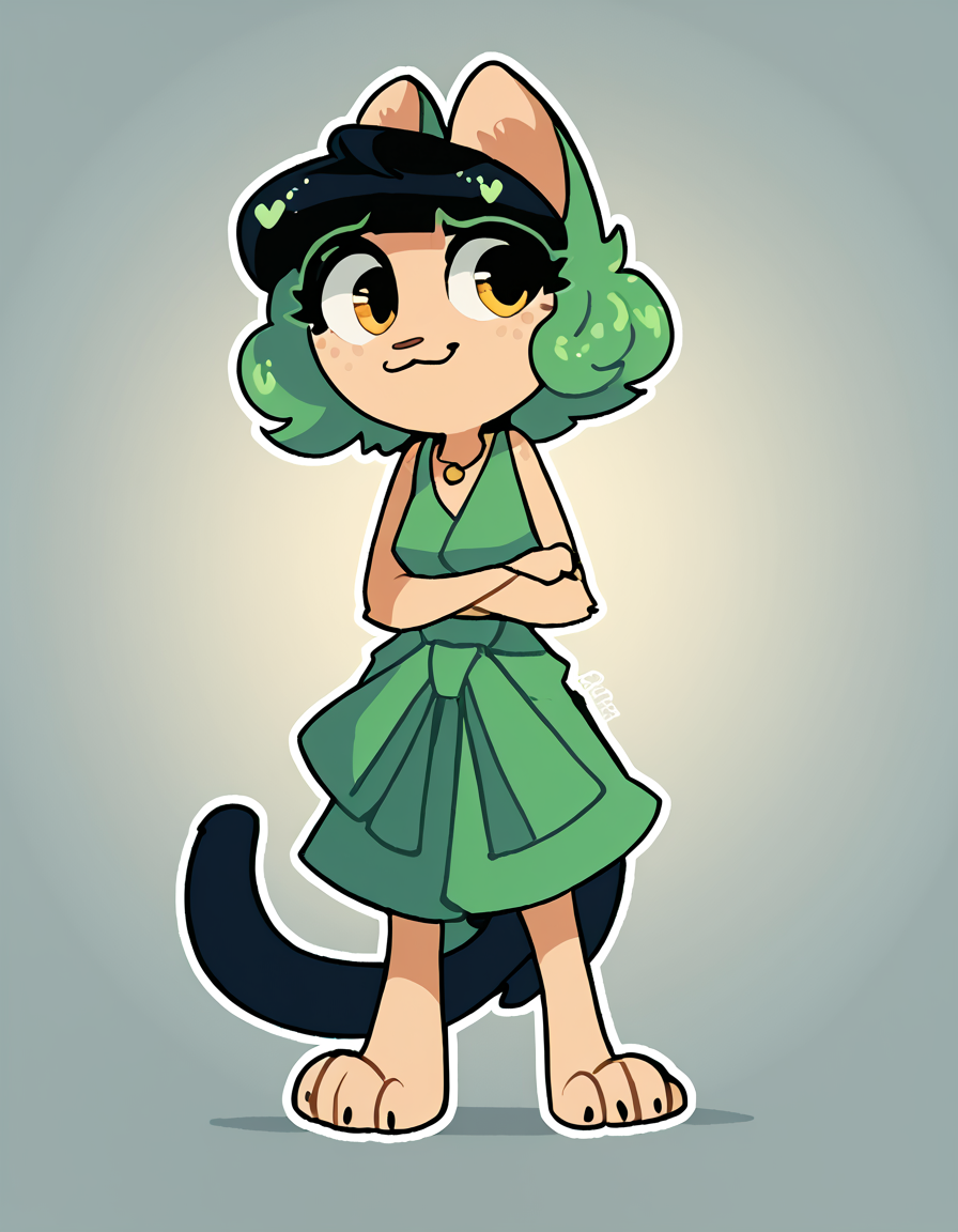 solo, 1girl, 
 <lora:Sourpuss:1>  sourpuss, freckles, green hair, two tone hair, multicolored hair, animal ears, cat ears, cat tail, tail,               clothes around waist, barefoot, green hoodie around waist,, score_9, score_8_up, score_7_up, score_6_up, score_5_up, score_4_up,  lazypos, lazyup, masterpiece,best quality,amazing quality,, <lora:The-Minuscule-Task_PDXL_v1.0:0.6> <lora:PDXL_artist_tags_v2_big:0.5> by remanedur,<lora:JayrnskiStyle:1> JayrnskiStyle, source_furry, toony, outline, white outline,