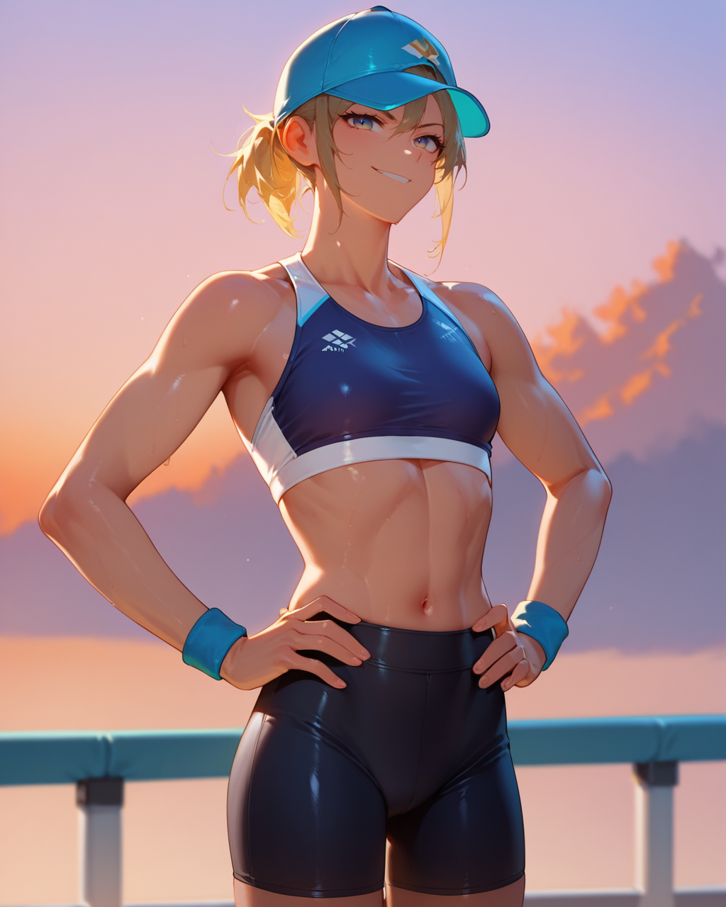 score_9,score_8_up,score_7_up,source_anime,masterpiece,best quality,higres illustration,detailed face,1girl,cowboy shot,<lora:athleticgirls_pony:1>,athletic girl,sports bra,bike shorts,sunset,smug,hands on hips,cap,