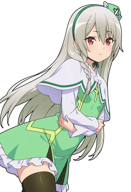 Smooth Quality,masterpiece,very intricate, high quality details, ultra realistic, high detailed skin,detailed enviorement,absurdres,
hand on own elbow ,
<lora:Ange_Maidena_CNR:0.8> ange_cnr, green_cnr, 1girl, grey hair, red eyes, long hair,green hairband, side braid, single braid, hair between eyes, green dress,capelet, long sleeves, thighhighs, hat,, simple background, white background, sideways,
walking pose, one hand in pocket, head slightly turned, casual stride,,, :c,