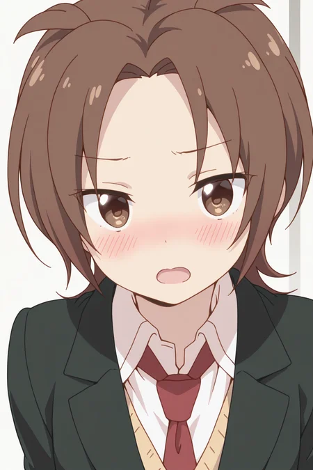 masterpiece, best quality, amazing quality,
 <lora:Yuzu_IL:1> yuzu, 1girl, school uniform, brown hair, solo, brown eyes, necktie, open mouth, red necktie, blush, shirt, blazer, white shirt, looking at viewer