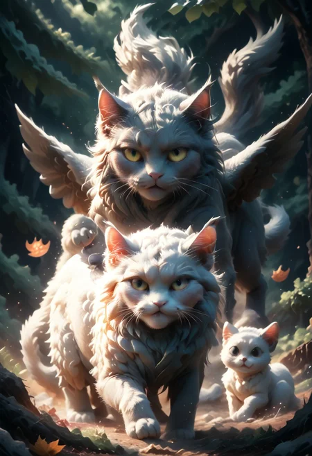 PonyXLV6_Scores, score_9, score_8_up, score_7_up, masterpiece, 2 kittens, playing, hollowed out pumpkin, head poking out of pumpkin, 2 cats, gray cats, cat eyes, AP, mythical beast, white cat, falling leaves, bats flying, spooky scene, dark, forest