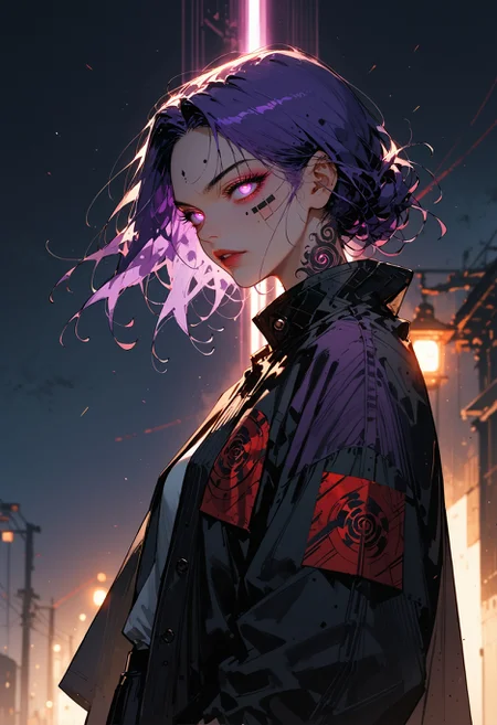 score_9,score_8_up,score_7_up,score_6_up, solo, anime, 2d, cowboy shot, 30 year old woman, purple haired woman, eternal goddess in the cosmos, comic style, dark, neon lights, inked art style, glowing eyes, high contrast,dark theme, Sinozick Style, environmental lighting, dark, backlighting, rating_explicit, flat colors, <lora:Sinozick_Style_XL_Pony:0.6> <lora:lora-sdxl-perfect-eyes:0.7> <lora:Fant5yP0ny:0.6>