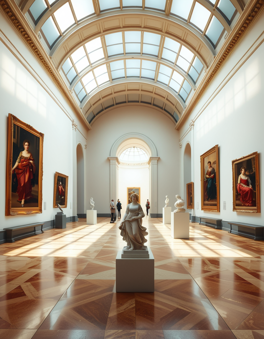 A high-resolution photograph of the interior of a grand art museum, featuring vast halls with high ceilings, intricate architectural details, and polished marble floors. The museum is illuminated by soft, natural light filtering through large arched windows, casting gentle shadows on the walls adorned with classical and modern paintings in ornate golden frames. In the center, a marble sculpture stands on a pedestal, surrounded by velvet ropes. Visitors walk around, some admiring the artwork, others engaged in quiet discussions. The atmosphere is serene and intellectual, with a warm color palette of beige, gold, and deep reds enhancing the elegance of the scene. The perspective is wide-angle, capturing the depth and scale of the museum, evoking a sense of awe and admiration.
<lora:SDXLFaeTastic2400:0.4> <lora:extremely_detailed:0.4> extremely detailed, <lora:art_mus3um:1>,art mus3um, Masterpiece,best quality,hi res,8k,hi res,8k,award winning,(sharp focus, intricate, highly detailed),