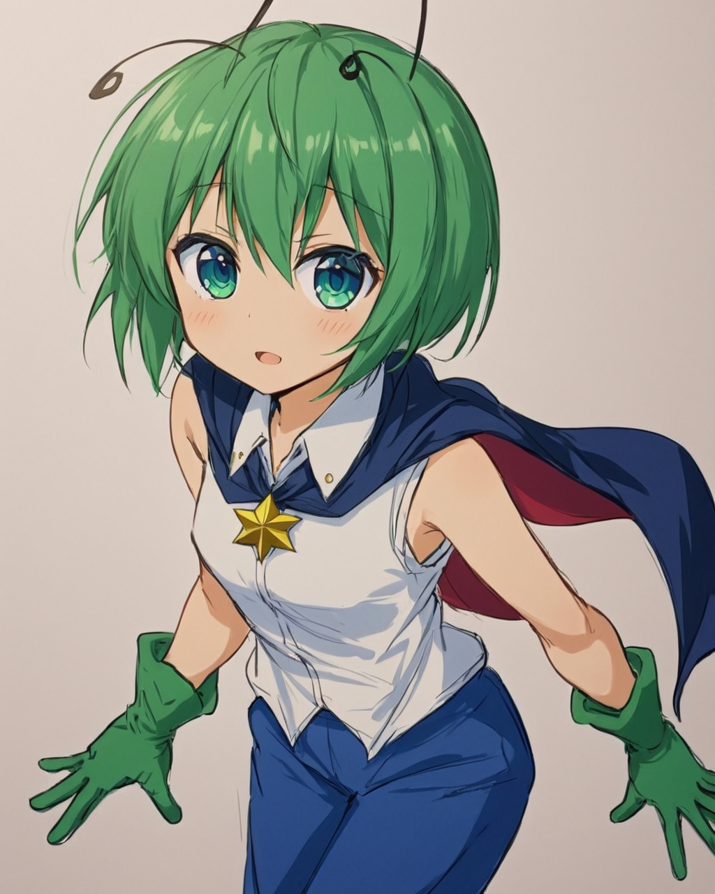 wriggle nightbug, solo, cape, antennae, pants, 1girl, sketch, open_mouth, looking_at_viewer, sleeveless_shirt, alternate_costume, green_gloves
<lora:wriggle_nightbug_image3698_2023-12-11-000006:1>,star-shaped_pupils,symbol-shaped_pupils,. gorgeous,key visual, vibrant, studio anime,award-winning, professional, highly detailed,high budget, cinemascope