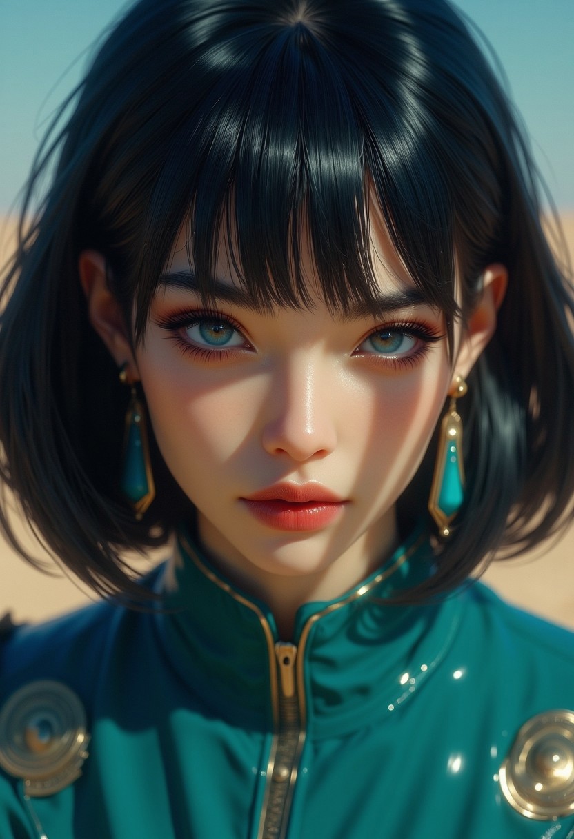 japanese female space marine, dark hair in a Chanel straight-cut bob, blue eyes, dark eyeshadow, blusher, red lips, porcelain skin, earrings, teal power armour, dark abstract background, on dusty planet, light hitting one side of face, the other side in darkness, direct gaze