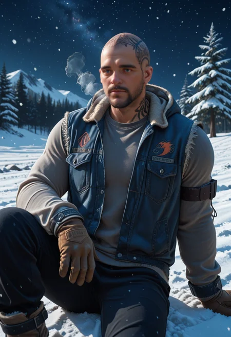 masterpiece, very aesthetic, best quality, absurdres, newest, solo,
<lora:ILDGBoozer:1>
DGBoozer, 1boy, male focus, bald, blue eyes, beard, tattoo, looking at viewer, male focus, brown gloves, night sky, star (sky), sitting, fur trim,winter clothes, outdoors, starry sky, snow, tree, fur-trimmed jacket, black pants,knee up, cold, breath, snowing, winter coat, closed mouth, long sleeves, hood