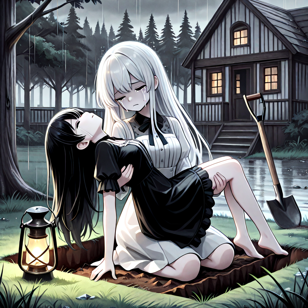 absurdres, explicit, grave digging, hand on ground, princess carry, 2girls, sleeping, carrying, crying, tears, sad, breasts, closed eyes, closed mouth, pale skin, long hair, black hair, white hair, gothic dress, bangs, tree, grass, death, corpse, victorian, house, building, oil lamp, lantern, shovel, fog, smog, grey sky, seiza, head tilt, rain, water drop, from above, high angle, (((leaning back))), <lora:girlhategravedigging_ilxl:0.8>