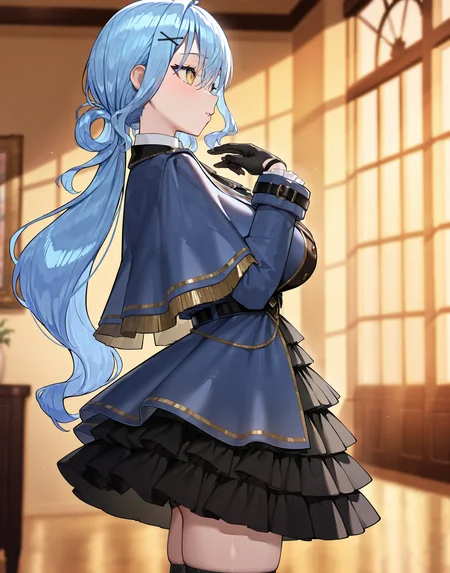 masterpiece, perfect quality, best quality, absolutely eye-catching, absurdres, highres, newest, 1girl, <lora:namijifreesiaIllustriousXL:1>, namijifreesiapolice, jacket, capelet, frilled skirt, from side,
