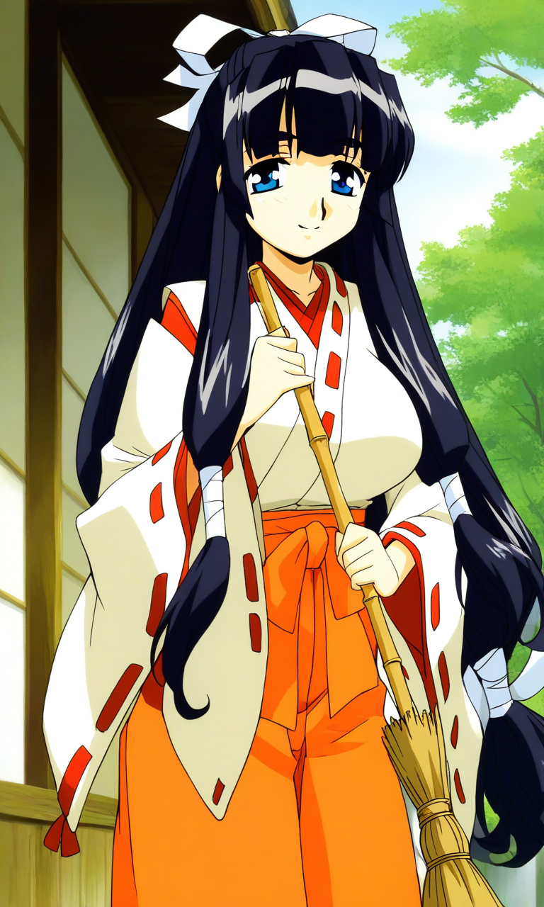 general,highres, ultra-detailed,very aesthetic,best quality ,best hands, BREAK <lora:Yamagami_Shino_Final_romance4_Ver2.0_IS:1>
Yamagami_Shino, 1girl, solo, very long hair, blue eyes, black hair, large breasts, bangs,  very long hair, hair ribbon, sidelocks, low-tied long hair,
miko, japanese clothes, hakama skirt, ribbon, orange hakama, 
long sleeves, holding broom, bamboo broom, wide sleeves, looking at viewer,
outdoors, ribbon-trimmed sleeves, smile, red hakama, standing, day, cowboy shot
