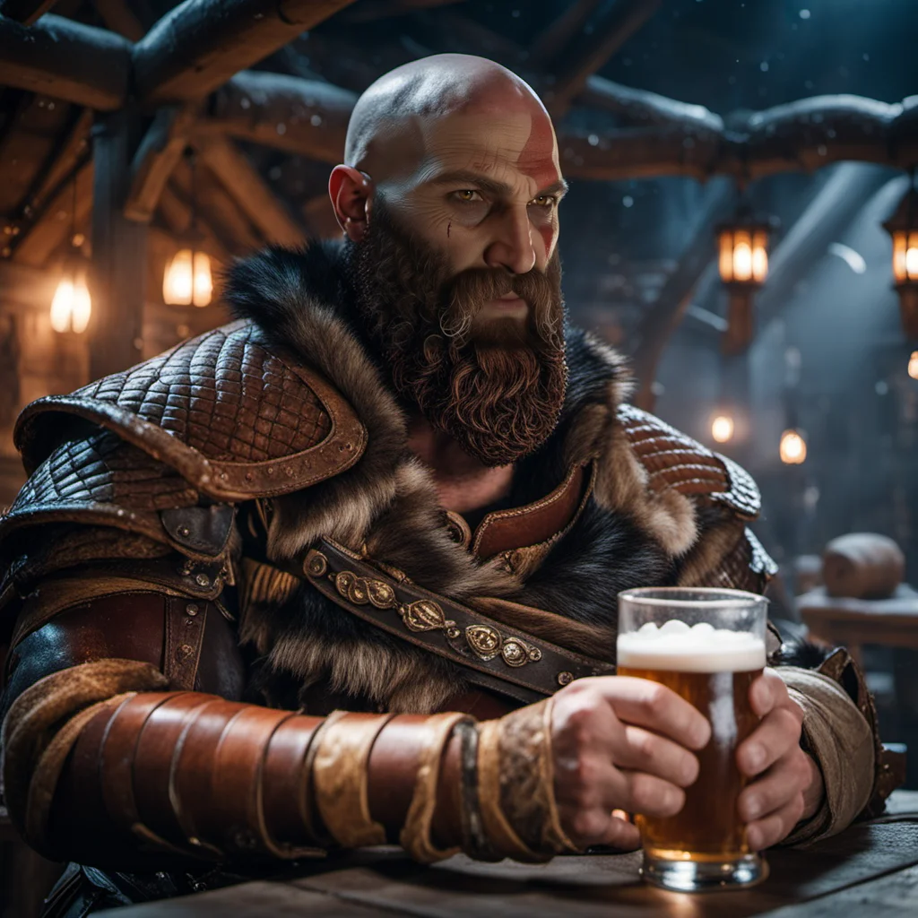 a bald bearded man with war paint in a mediaval tavern drinking a beer<lora:Kratos1024-000510:0.8> night, snow