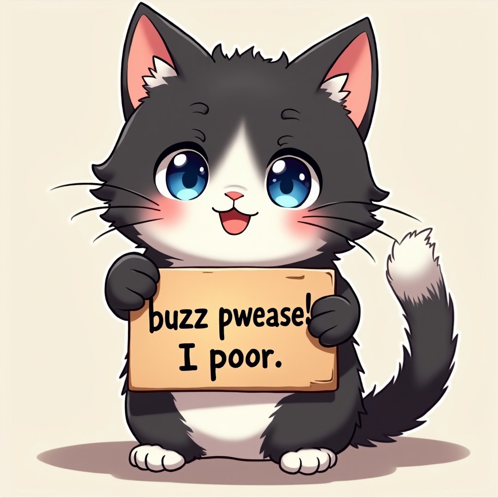 Cat, Cute Cat, Holding a sign that says 'buzz pwease! I poor.' on the front, extremely cute fluffy tuxedo cat with blue eyes, in anime art style, kawaii, detailed, begging, puppy eyes, looking at viewer